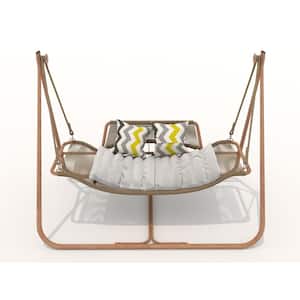 Outdoor and Indoor Wood Patio Swing, Oversized Hammock Swing Chair with Stand, Anti-Rust Wood-Colored Frame with Cushion