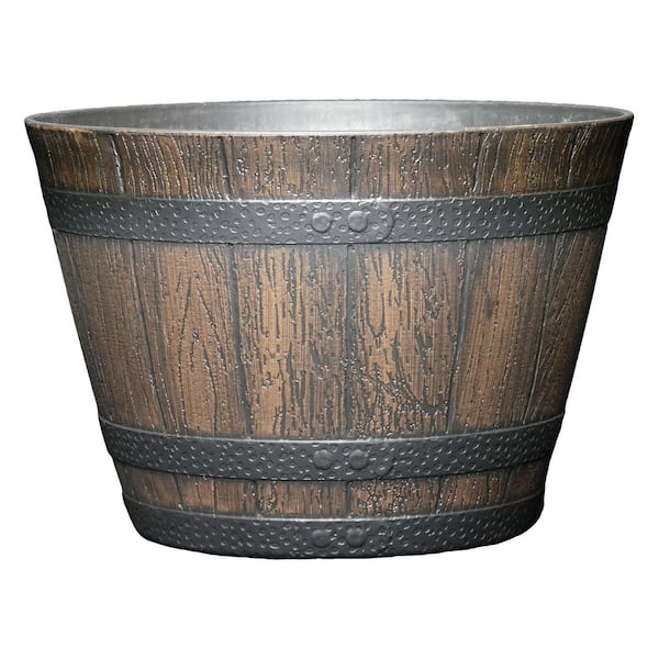 9 in. Dia x 6.25 in. H Walnut Brown Plastic 1.25 Gallons Round Whiskey Barrel Planter