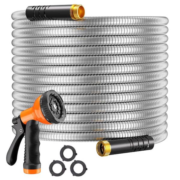 StainlessGuard 5/8 in. dia. x 75 ft. Heavy-Duty Stainless Steel Garden Hose with 10-Pattern Spray Nozzle