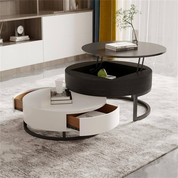 J E Home 59 06 In White And Black Round Lift Top Wood Coffee Table With Rotatable Drawers Storage Je Ct1816bw Black Round Lift Top Wood Coffee Table, Modern Round Coffee Table With Storage Lift Top Wood In White Black