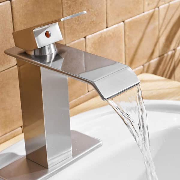 Waterfall Single Hole Single-Handle Low-Arc Bathroom Faucet With Supply Line in Brushed Nickel