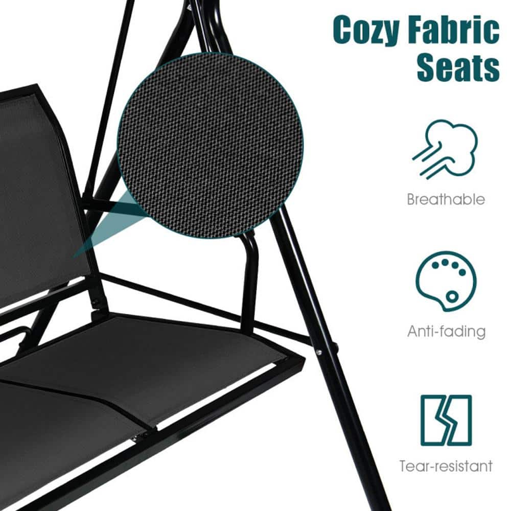 Black Powder Coated Steel 3-Person Outdoor Patio Swing with Adjustable Canopy