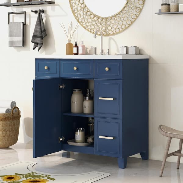 Unbranded 36 in. W x 18 in. D x 34.3 in. H Freestanding Bath Vanity in Navy Blue with White Cultured Marble Top and with Drawers