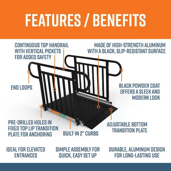 GATEWAY 3G 4 ft. Aluminum Solid Surface Black Wheelchair Ramp with Black Vertical Picket Handrails