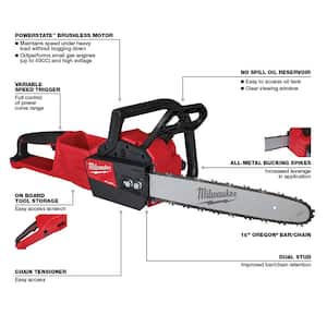 M18 FUEL 16 in. 18V Brushless Battery Electric Chainsaw w/3-1/2 in. 21-Degree Framing Nailer, Two 6Ah HO Batteries