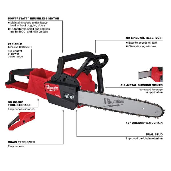 M18 FUEL 16 in. 18V Brushless Battery Electric Chainsaw w/3/8 in. Compact Impact Wrench w/Friction Ring Two 6Ah
