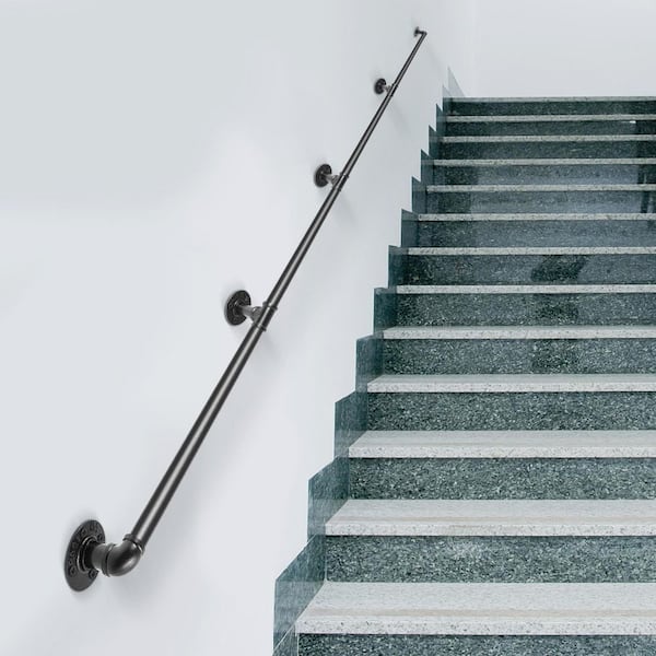 13 ft. Wall Mount Pipe Stair Handrail 156 in. H x 3.74 in. W Staircase Handrail Black Carbon Steel Stair Railing Kit