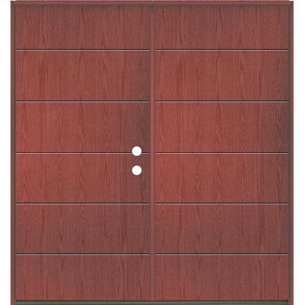 Krosswood Doors TETON Modern 72 in. x 80 in. Left-Active/Inswing 6-Grid Solid Panel Redwood Stain Double Fiberglass Prehung Front Door