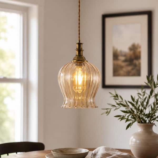 1-Light Amber Ribbed Glass Pendant Lights for Kitchen Island with Antique Brass Finish Over Counter Lights Fixture