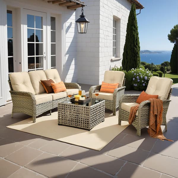 Ruby 4-Piece Wicker Outdoor Furniture Patio Conversation Sofa Set with a Solar-LED Coffee Table and Beige Cushions