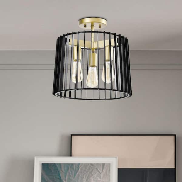 Maxax Madison 14.45 in. 3-Light Black/Gold Lantern Drum Semi Flush Mount