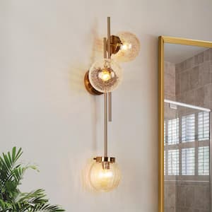Modern 30 in. 3-Light Plated Brass Wall Sconce with Cracked Glass Shades