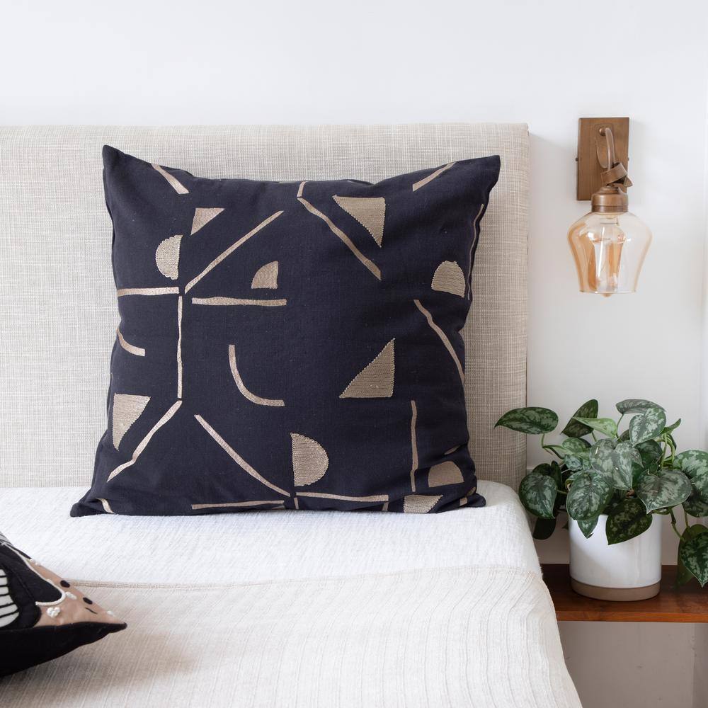 Black and Beige Embroidered Cotton Blend Square Throw Pillow