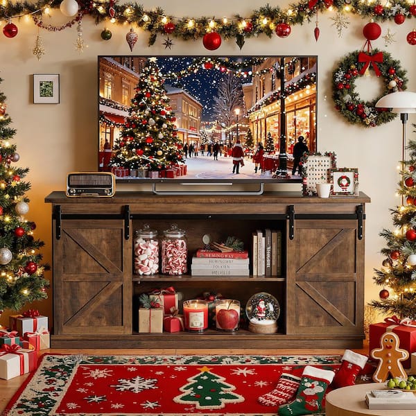 LACOO 58 in. Rustic Oak Composite TV Stand Living Room Hub Fits TVs up to 65 in. w/ Sliding Barn Door and Adjustable Cabinets