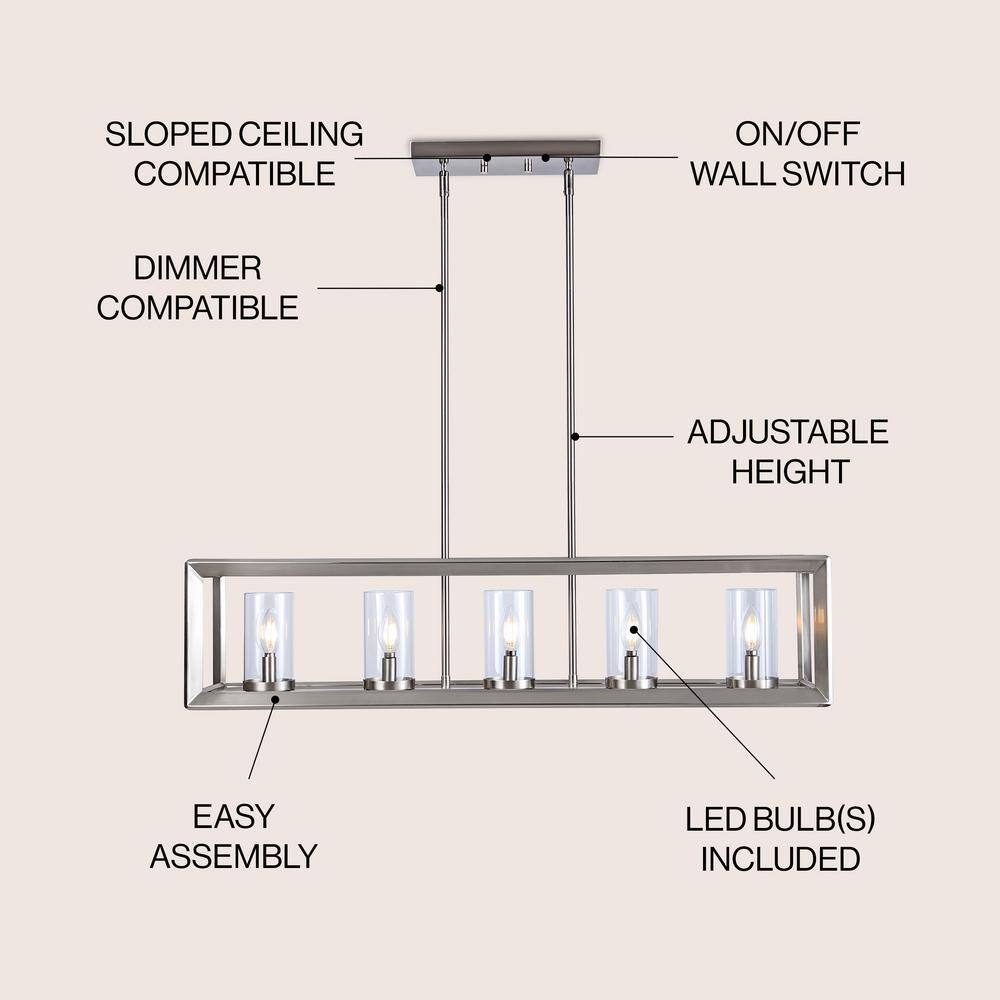 Anna 38.5" Nickel Linear 5-Light LED Glass Pendant