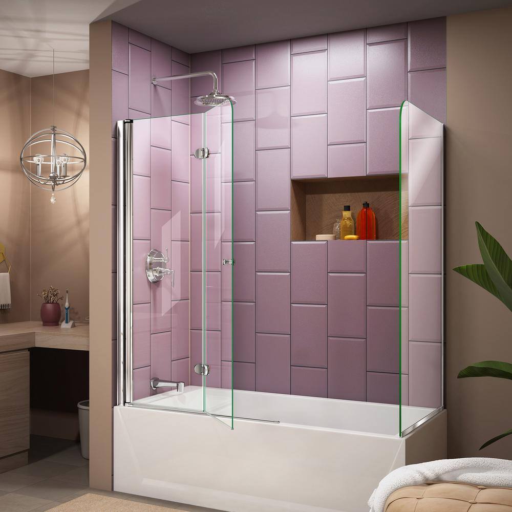 Aqua Fold Frameless Clear Glass Chrome Hinged Tub Door