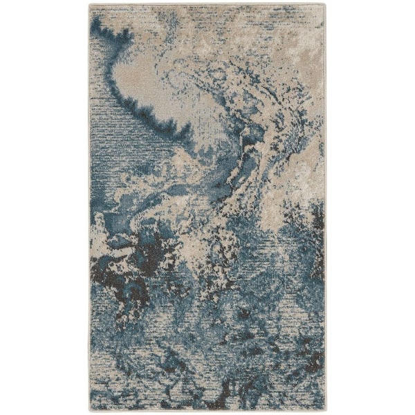 2 ft. x 4 ft. Ivory Teal Blue and Black Abstract Area Rug