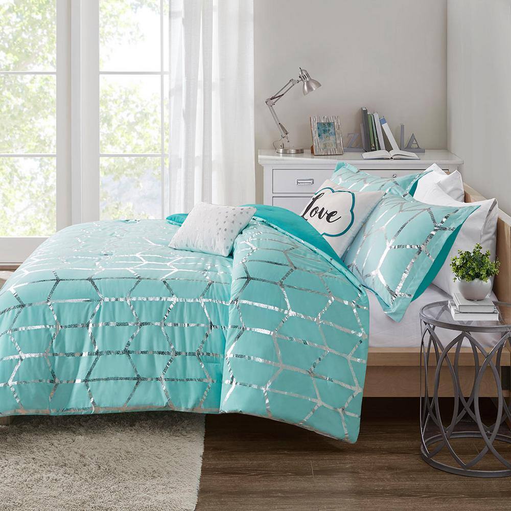 Aqua and Silver King Microfiber Comforter Set with Decorative Pillows