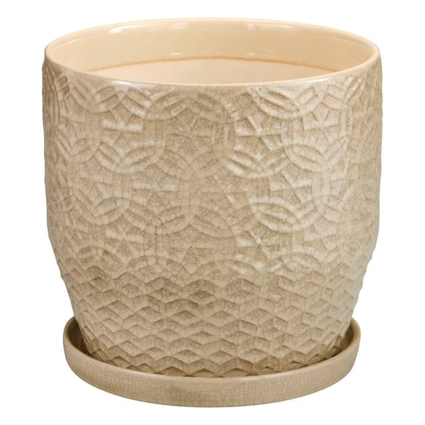 12 in. Finley Large Ceramic Planter (12 in. D x 12 in. H) with Attached Saucer Ivory Decorative Pot