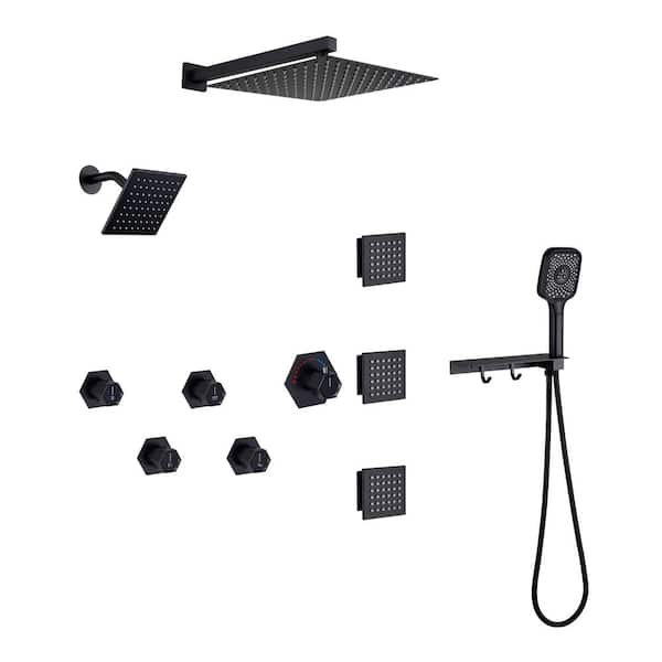 Mondawe 4 Spray 2.5 GPM 12 in. Wall Mounted Rainfall Dual Shower Heads with Handheld and Body Jets in Matte Black