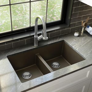 Quartz Brown 32 in. 50/50 Double Bowl Composite Undermount Kitchen Sink