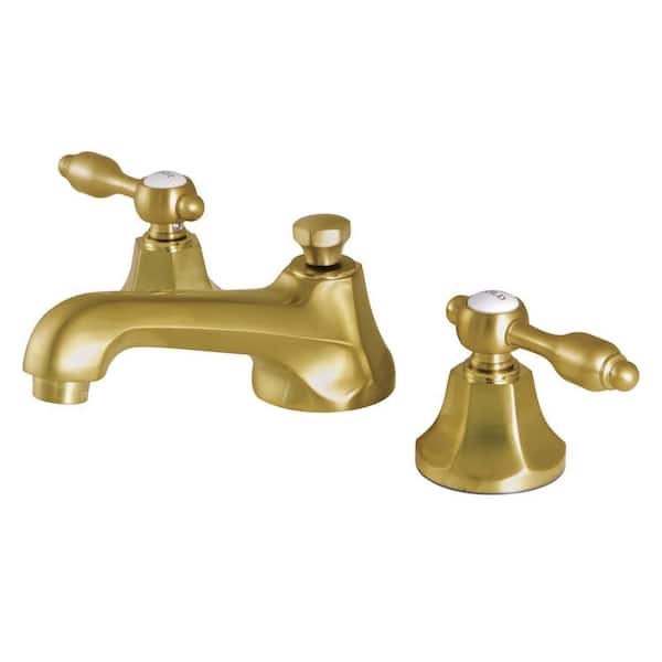 Kingston Brass Tudor 8 in. Widespread 2-Handle Bathroom Faucets with Brass Pop-Up iin Brushed Brass