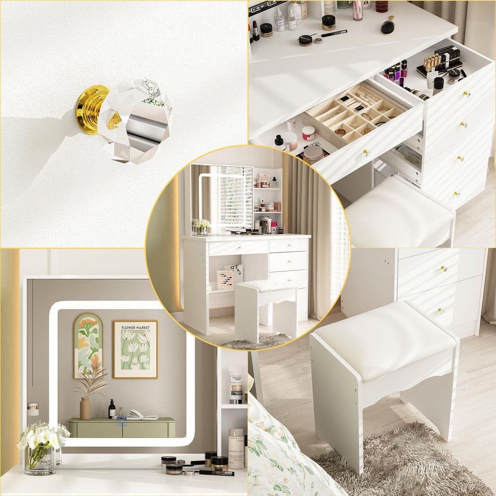 5-Drawers White Makeup Vanity Sets Dressing Table Sets with LED Dimmable Mirror, Stool and 3-Tier Storage Shelves - thumbnail 7