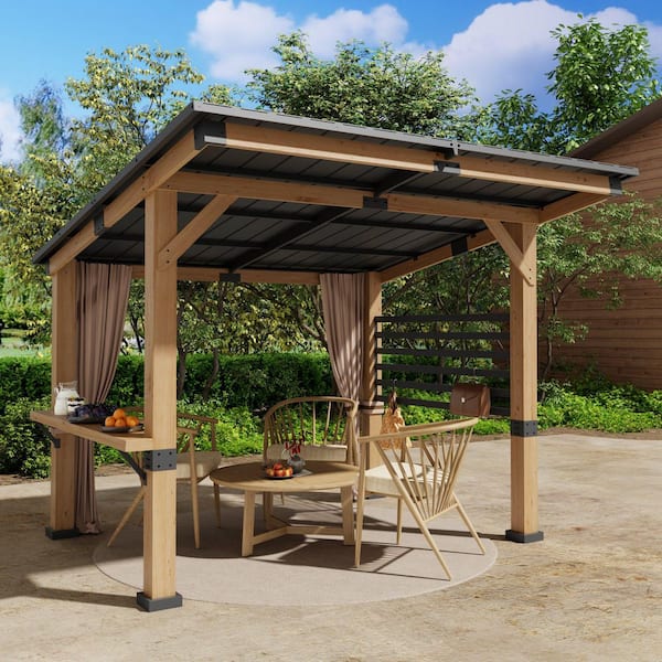 10 ft. x 11 ft. Cedar Wood Pavilion with Metal Roof, Bar Shelf, Ceiling Hook, and Privacy Curtains