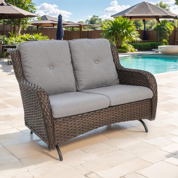 Brown PE Wicker Outdoor Loveseat with Gray Cushions and Glide Function