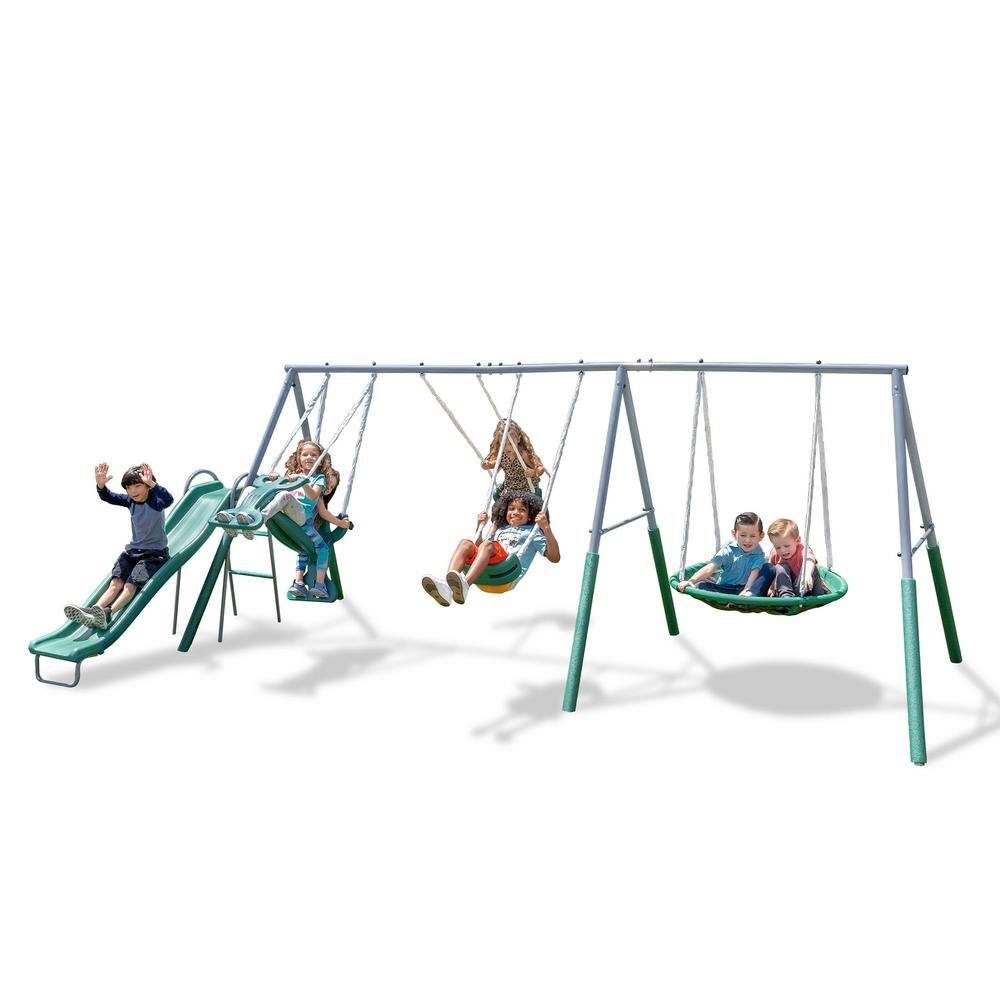 Rochester Green Metal Swing Set with Slide and Glider