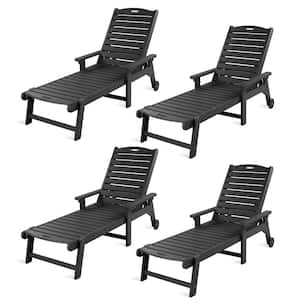 Helen Black Recycled Plastic Plywood Outdoor Reclining Chaise Lounge Chairs with Wheels for Poolside Patio(set of 4)