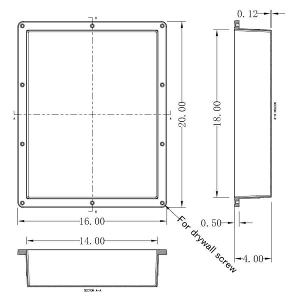 Flush Mount Installation 16 in. x 20 in. x 4 in. ABS Single Bathroom Recessed Shower Niche for Shampoo, Toiletry Storage