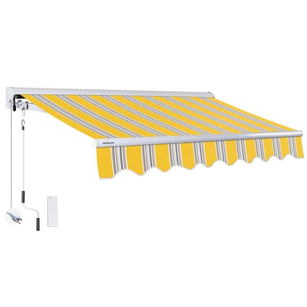 Advaning 14 ft. Luxury Series Semi-Cassette Electric w/ Remote Retractable Patio Awning, Yellow Gray Stripes (10 ft. Projection)
