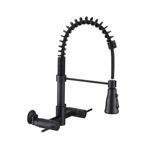 GIVING TREE Swan Double Handle Pull Down Sprayer Kitchen Faucet Stainless with Wall Mount in Matte Black