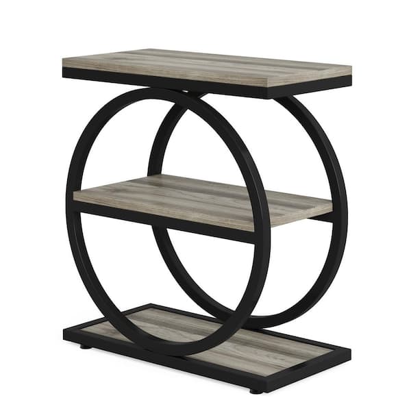 24 in. Gray Rectangle Wood End Table with 3 Tiers Storage Shelves and Adjustable Foot Pads, Easy Assembly