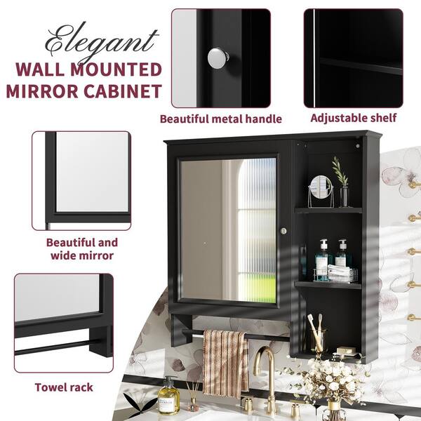 FAMYYT 29 in. W x 28 in. H Black Rectangular Surface Mount Medicine Cabinet with Mirror, Adjustable Shelves