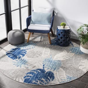 Cabana Gray/Blue 4 ft. x 4 ft. Geometric Leaf Indoor/Outdoor Patio  Round Area Rug
