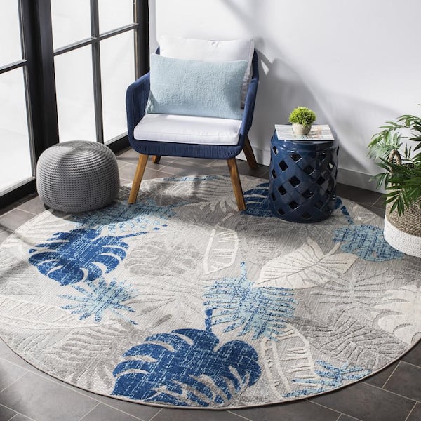 Cabana Gray/Blue 7 ft. x 7 ft. Geometric Leaf Indoor/Outdoor Patio  Round Area Rug