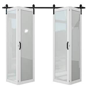 80 in. x 84 in. 1-Lite Tempered Frosted Glass White Finished Composite MDF Bi-Fold Sliding Barn Door with Hardware Kit