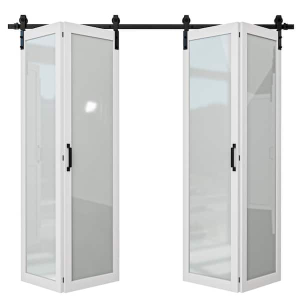 ARK DESIGN 80 in. x 84 in. 1-Lite Tempered Frosted Glass White Finished Composite MDF Bi-Fold Sliding Barn Door with Hardware Kit