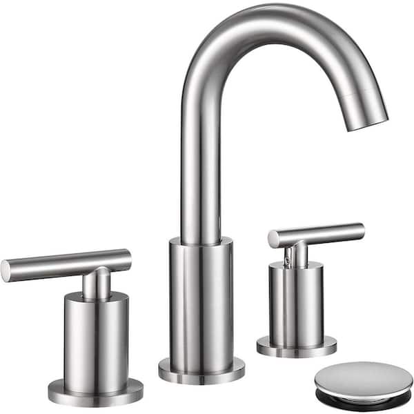 8 in. Widespread Double Handle Bathroom Faucet with Drain and Gooseneck in Brushed Nickel