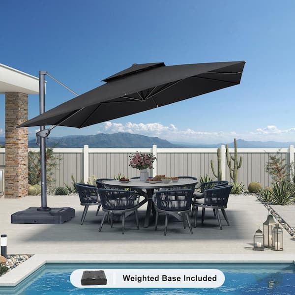 PURPLE LEAF 12 ft. Square Double Top Aluminum Rotation Outdoor Cantilever Patio Umbrella with Base, Dark Gray
