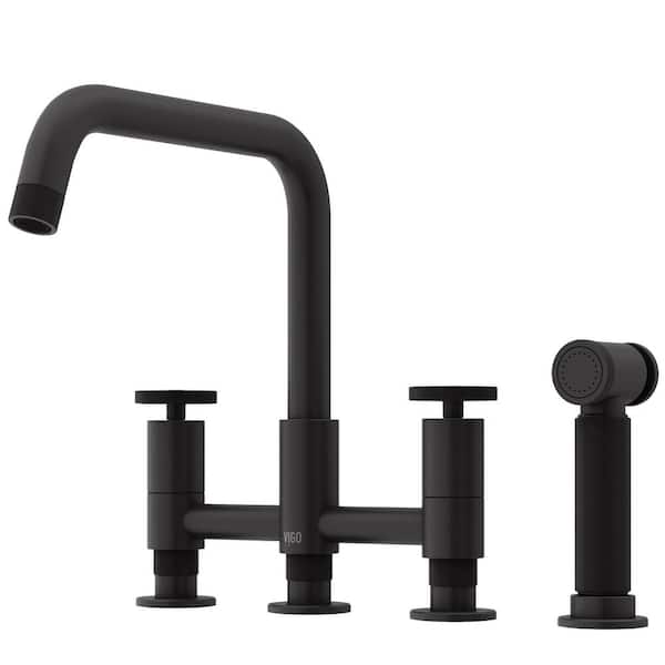 VIGO Cass Double Handle 8 in. Widespread Bridge Kitchen Faucet with Pull-Out Sprayer in Matte Black