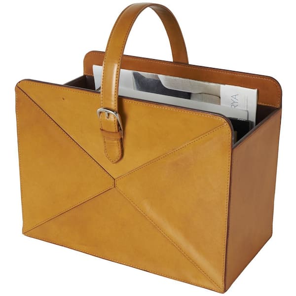 Litton Lane Brown Handmade Box Style Standing Magazine Holder with Detail Stitching and Curved Buckle Handles