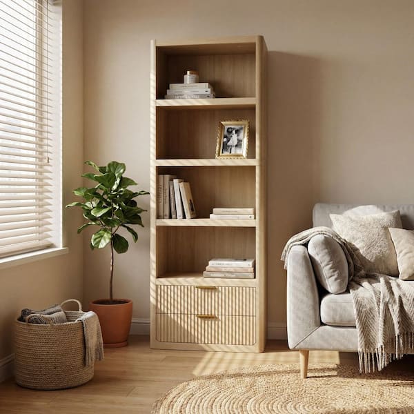 79 in. Tall Light Oak Wood 4-Shelf Bookshelf Morden Bookcase with Storage and Drawers for Living Room, Bedroom