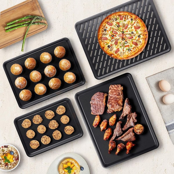 4pcs Carbon Steel Non-Stick Cookie Sheet Set with Wire Rack, Ceramic Coated Baking Pans for Oven, Half/Quarter Trays