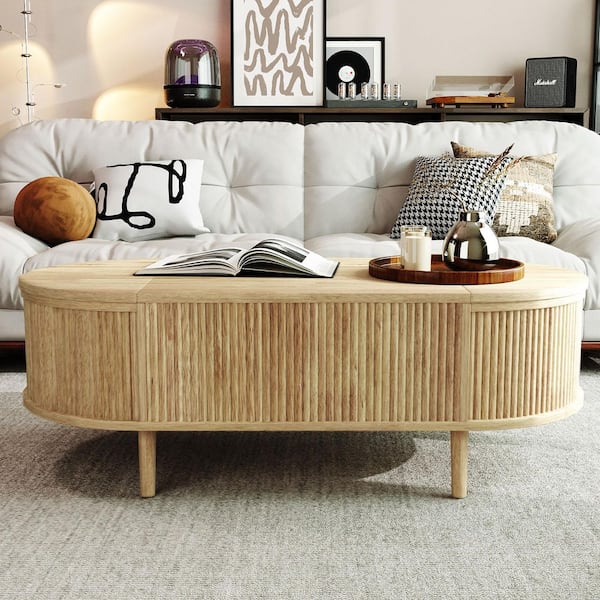 Polibi 47.24 in. Acacia Wood Oval MDF Coffee Table with Hidden Storage ...
