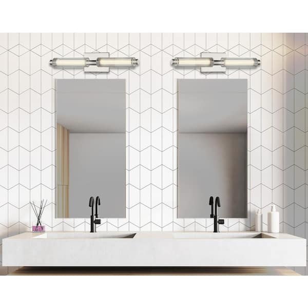 Double Barrel 22.5 in. 2-Light Polished Nickel LED Vanity Light with Clear Ribbed Glass Shades