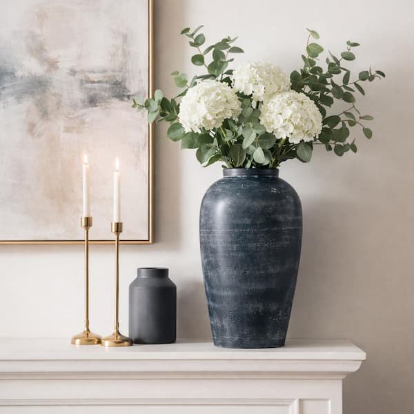 20 in. Blue Terracotta Round Decorative Vase with Distressed Finish