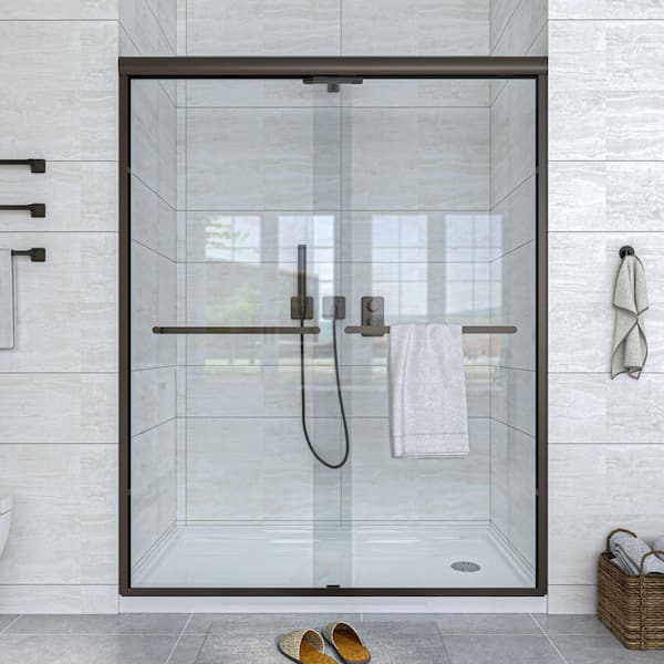 56 in. to 60 in. W x 72 in. H Sliding Framed Shower Door in Matte Black with Clear Glass Double Sliding Reversible